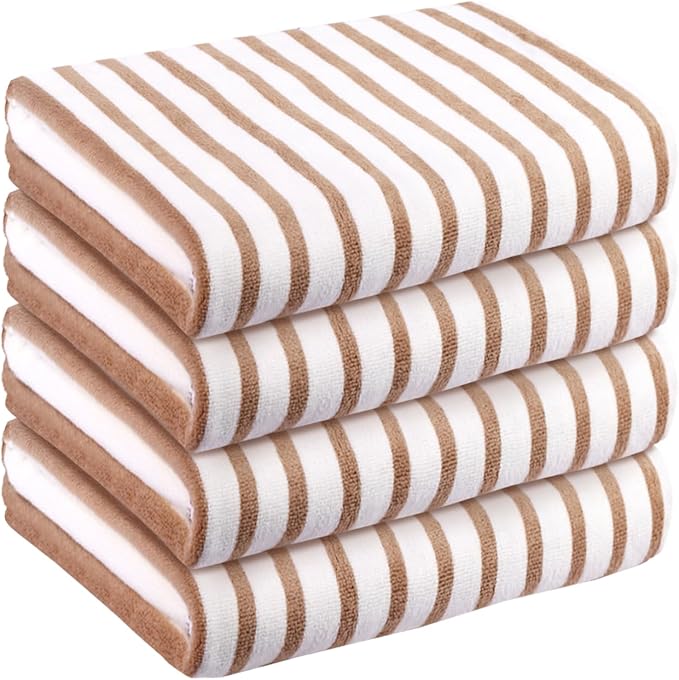 JML Microfiber Towels, Bath Towel Sets (4 Pack, 27" x 55") - Extra Large, Soft, Absorbent, Fast Drying, Multipurpose for Hair Wrap, Swimming, Fitness, Sports, Yoga -Stripe Coffee