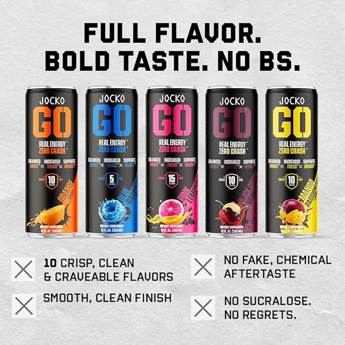 Jocko GO Energy Drink - Keto, Vitamin B12, Vitamin B6, Electrolytes, L Theanine, Magnesium- Energy Boost, Sugar Free Nootropic Monk Fruit Blend - 12 Pack (Black Cherry Vanilla)