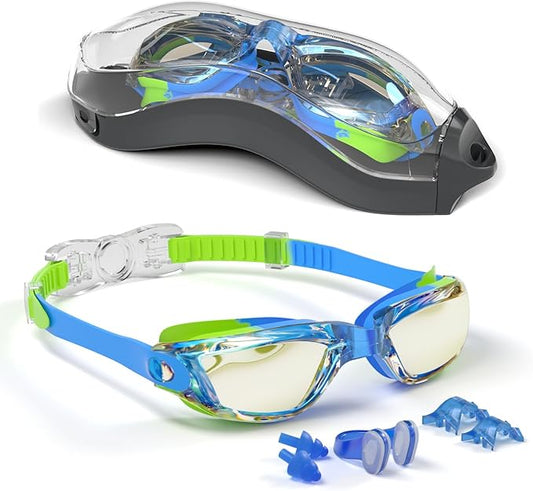 Kids Swim Goggles, Swimming Goggles for Kids with Nose Clip, Earplugs, Nose Bridge for Age 3-15