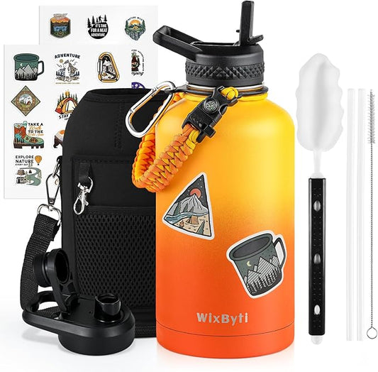 64 oz Insulated Water Bottle with Straw (Cold for 48 Hrs), Half Gallon Stainless Steel Triple Wall Vacuum Sports Water Jug, Leakproof Hydro Cup Flask with Straw Spout Lids & DIY Stickers