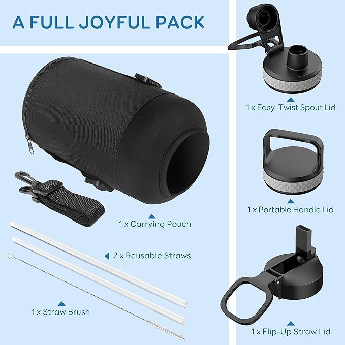 Insulated Water Bottle 87 oz with Straw, Coolflask 2/3 Gallon Stainless Steel Metal 3 Lids Large Water Jug for Sports or Office, Non-BPA Keep Cold Up to 48 Hrs or Hot Up to 24 Hrs, Magic Black