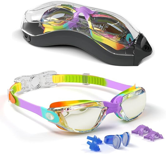 Kids Swim Goggles, Swimming Goggles for Kids with Nose Clip, Earplugs, Nose Bridge for Age 3-15
