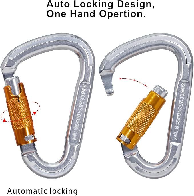 Auto Locking Rock Climbing Carabiner Clips, Heavy Duty Asymmetrical Carabiner Connector Used for Rappelling Rescue Outdoor Climbing, Mountaineer, Hammock, Camping
