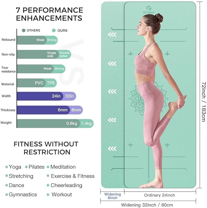 Yoga Mat Non Slip TPE Extra Wide Yoga Mat with Alignment Mark, 72"L x 32"W x 0.32"/0.24"Th (183cm x 81cm x 8mm/6mm), Anti-Tear Exercise Mat with Carrying Strap and Bag, Workout Mats for Yoga, Pilates