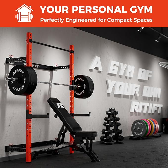 RitFit Multi-Functional Folding Squat Rack for Home Gym, 2.36'' x 2.36'' Wall Mounted Squat Rack with Attachments - Space Saving Squat Power Rack