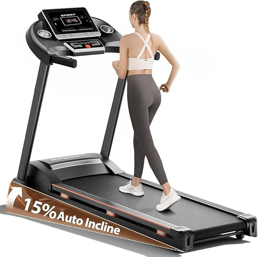 Treadmills for Home, Treadmill with 0-15% Auto Incline, 3HP Folding Treadmills for Running Walking with 300LBS Weight Capacity, Incline Treadmill Equipped with Bluetooth & Pulse Monitor