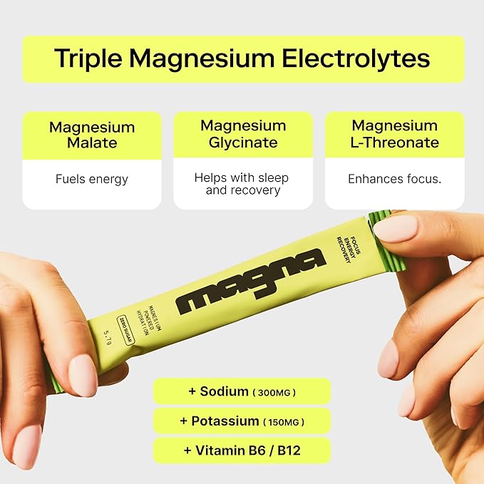 MAGNA Electrolyte Powder Drink Mix for Hydration, Energy & Focus Support with Magnesium L Threonate, Malate & Glycinate, Sodium, Potassium, Vitamin D, B6 & B12, Tea Lemonade Flavor, 28 Servings