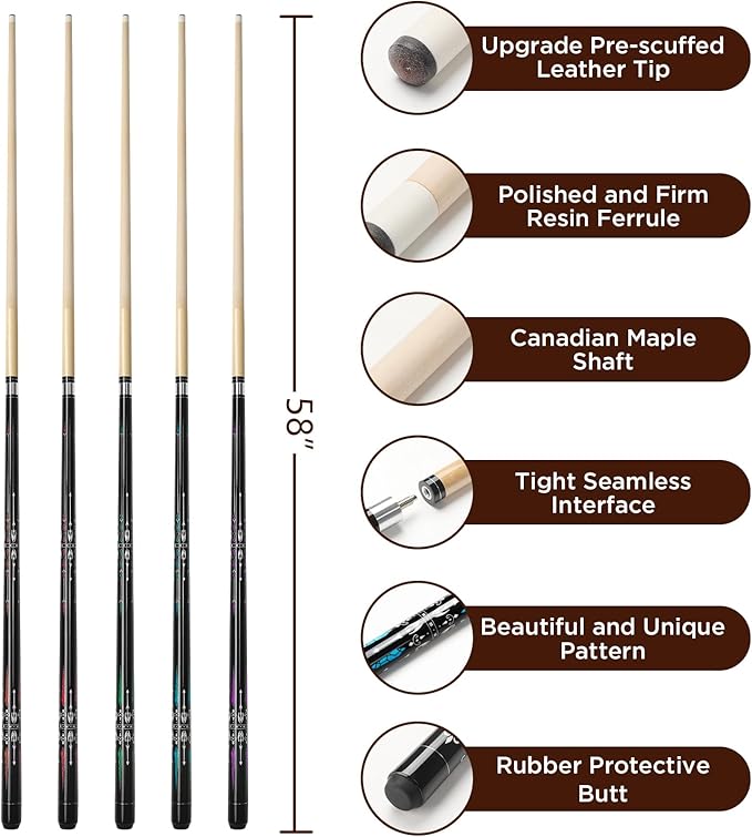 Pool Cue, 58" Billiard Cue Stick 2-Piece 13mm Maple Wood Pool Cue Stick 18 19 20 21oz for Bar House Pool Table Sports