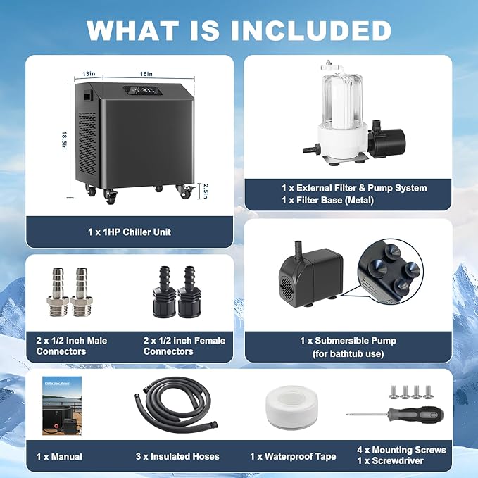 Ice Bath Water Chiller for Cold Plunge Tubs, 1HP Upgraded Cold Plunge Chiller with External Filter & Pump, Submersible Pump, Insulated Hoses, 110V Cooling Chiller for for Cold Therapy Recovery