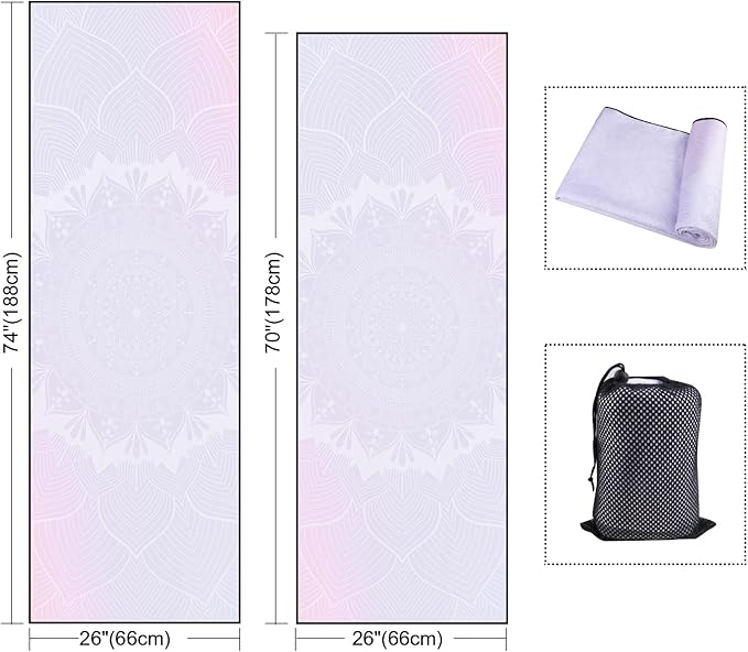 QiyI Yoga Mat Towel with Corner Pockets, Non Slip Sweat Absorbent Hot Yoga Towels, Soft Yoga Blankets with Travel Bag, Skidless Mat Cover for Workout, Gym, Fitness - 70"x26", Purple Mandala
