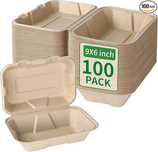 Aricsen Compostable 100 Pack 9x6 Inch Takeout Lunch Box Containers with Lid To Go Take Out Clamshell for Food, Disposable Eco-Friendly Biodegradable Bagasse, PFAS-Free, Brown
