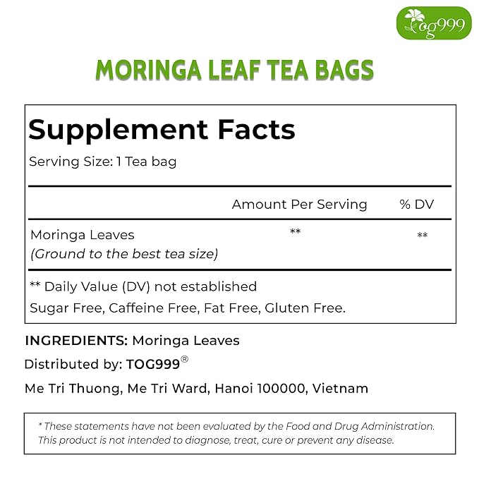 TOG999, Premium 60 Moringa Leaf Tea Bags, 100% Natural & Pure from Moringa Leaves. Loose Leaf Moringa Herbal Tea. Moringa Leaf Tea. No Sugar, No Caffeine, No Gluten, Vegan.