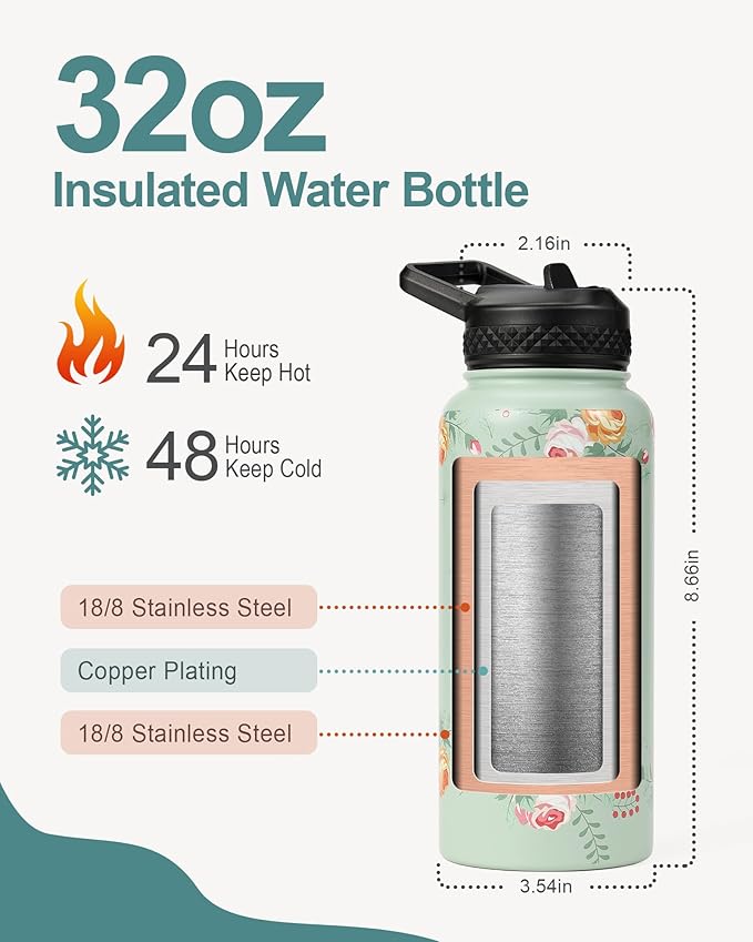 32oz Insulated Water Bottle,Stainless Steel Vacuum Water Bottle, BPA-Free & Leakproof -with Paracord Handle,Strap,Straw Spout Lids, Water Jug for Gym Sports,Christmas Gifts for Women