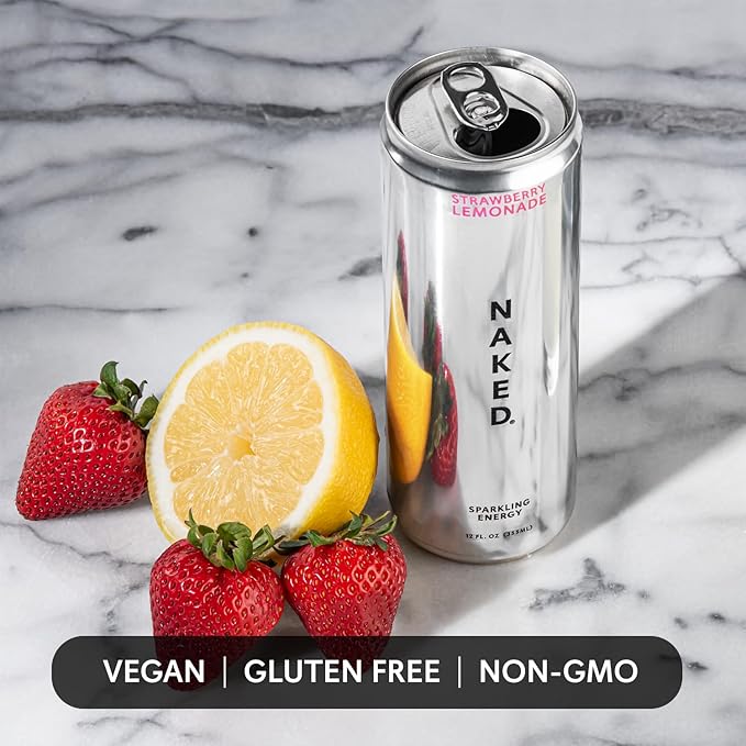 Naked Sparkling Energy Drink - Strawberry Lemonade, Organic Caffeine, Organic Lemon Juice, Zero Sugar, No Sucralose, Naturally Sweetened, Natural Energy Drinks, Vegan, Gluten-Free, Non-GMO - 12oz Cans (Pack of 12)
