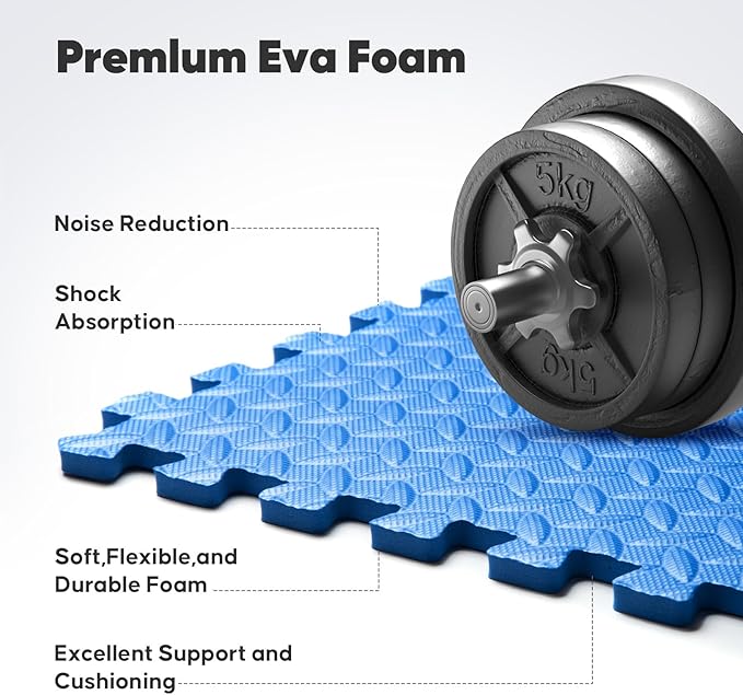 Home Gym Mat, Puzzle Exercise Mat, EVA Interlocking Foam Floor Tiles for Home Workout Equipment and Kids' Play Areas - Blue, 24 in x 24 in x ½ in - 24 Tiles (Blue, 24 Pack 96 sq ft)