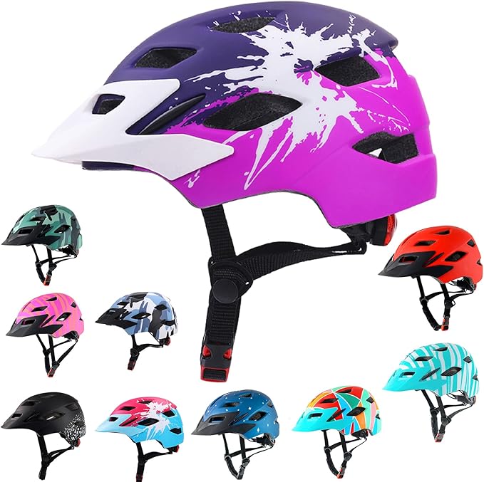 Kids Bike Helmet,Bavilk Kids Boys Girls Bike Helmets with LED Light Detachable Visor Children Youth Teen Multi-Sport for Skating Cycling Scooter Skateboard Adjustable & Lightweight 19.7"-22.4"