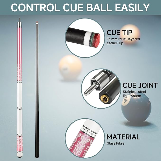 HomeSeason Glass Fiber Pool Cue 58" Professional Pool Stick 12.7mm 4-Layer Tip Low Deflection Cue Stick, 3 * 8/8Joint Pin, Ultra-Smooth, Billiard Cue Sticks