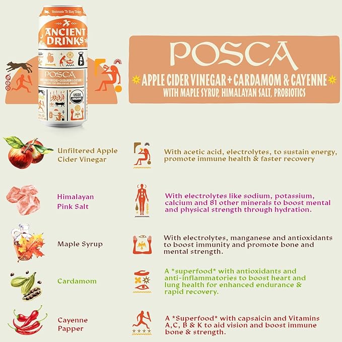 ANCIENT DRINKS Apple Cider Vinegar Beverage with Electrolytes, Vitamins, & Probiotics, Organic, Super-Hydrating Sports Drink - Posca (Cayenne & Cardamom) - 16 fl oz (12 cans)