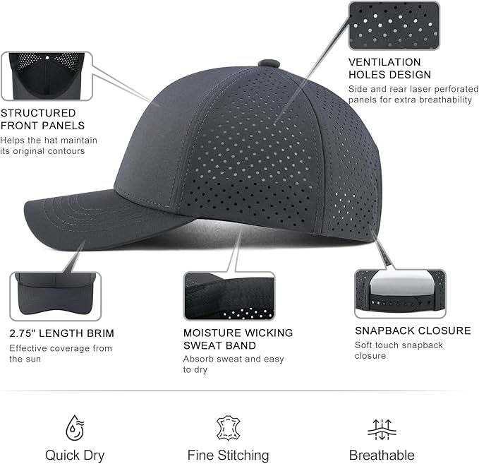 VOBOOM Men Quick Dry Baseball Cap Laser Cut Mesh Ball Curved Brim Snapback Hat
