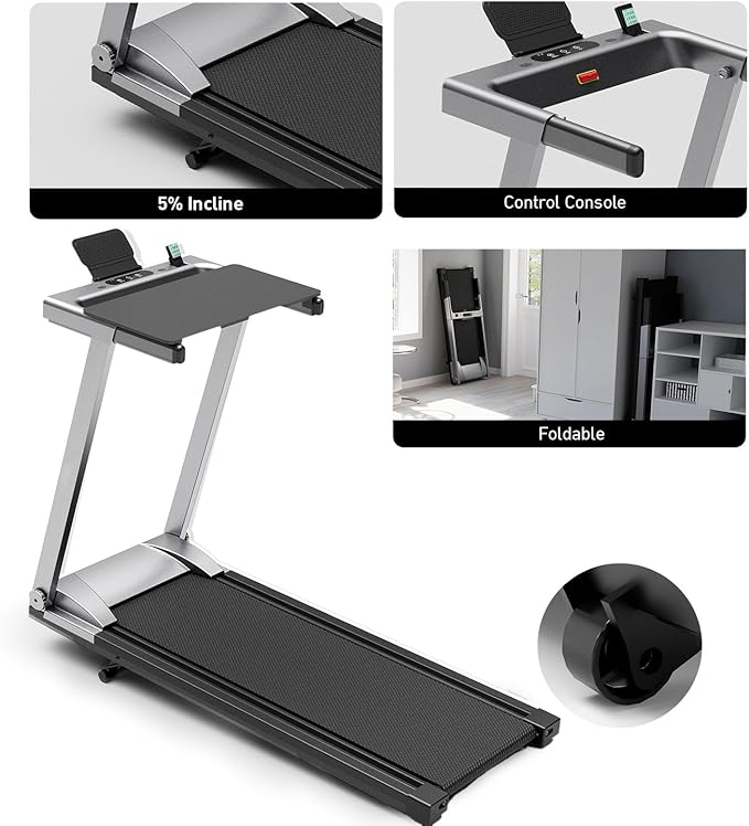 Treadmill with 5% Incline, 300lbs Capacity Folding 15 HP Small Treadmills for Home Portable Running Treadmill with Handles Quiet Brushless Dual Cushion System, Electric Compact Treadmil