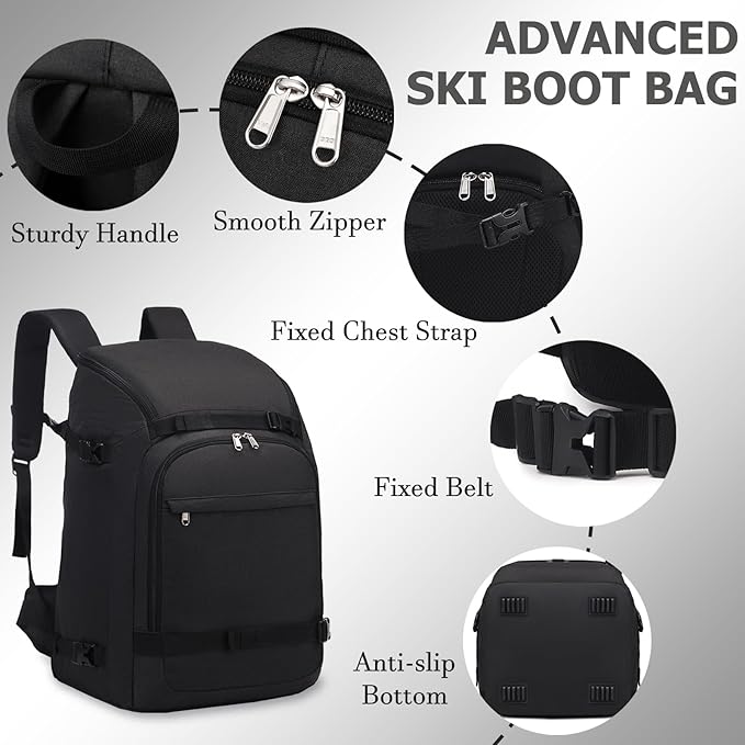 JIANYA Ski Boot Bag, 50L Waterproof Travel Backpack for Snowboard, Ski Helmet, Goggles, Gloves & Accessories, Black