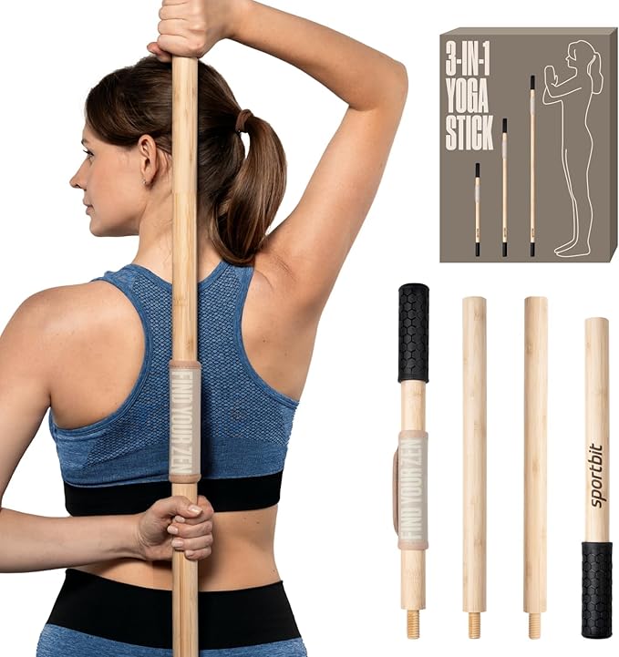 SportBit Bamboo Yoga Stick with Neck Pillow - Collapsible and Portable 5.1FT Mobility Stick and Exercise Stick - Fully Adjustable Yoga Accessories Perfect for Stretching, Posture Correction, Balance