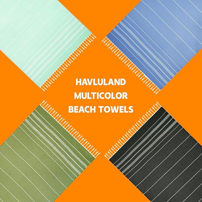 HAVLULAND Turkish Beach Towels Oversized -100% Turkish Cotton Super Soft Lightweight - Absorbent and Quick Drying Bath Towel - Sand Free Beach Towel - Turkish Towels for Adults (Aquamarine, 12 Pack)