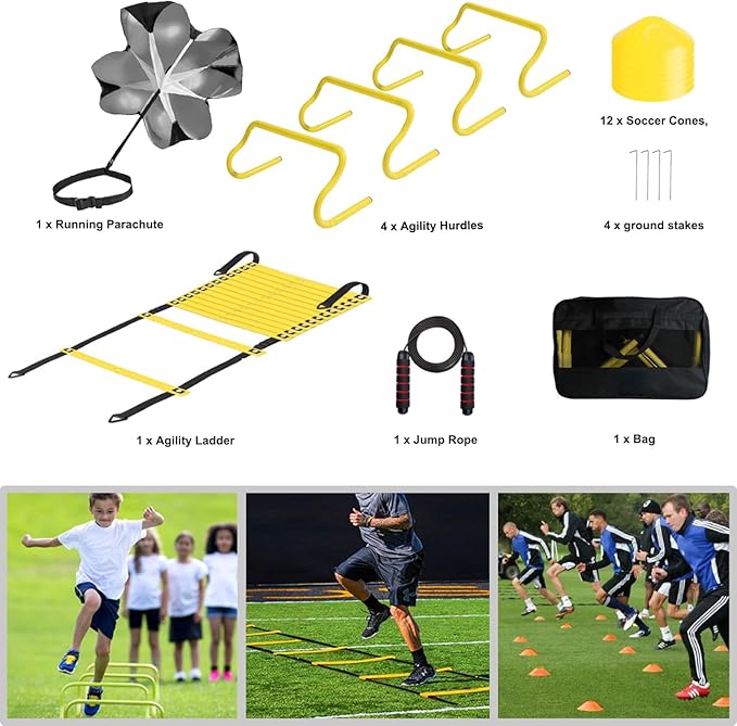 Agility Ladder Speed Agility Training Equipment,1 Agility Ladder 20ft,4 Hurdles,Training Soccer Cones,Jump Rope,Running Parachute, Agility Training Equipment for Kids Youth Adul