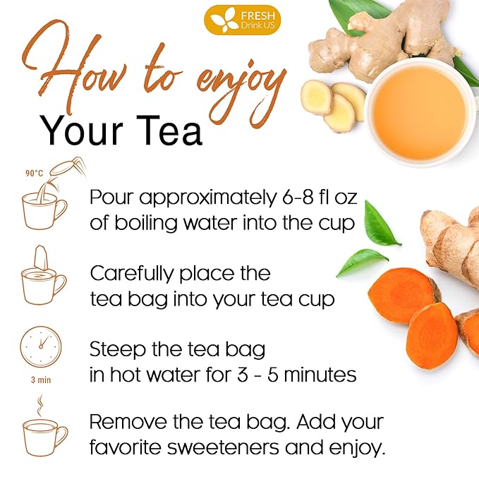 FreshDrinkUS, Premium 135 Turmeric Ginger Tea Bags, 100% Natural Ingredients, Hand-made Blend of Turmeric and Ginger Herbal Tea, Eco-conscious Tea Bags. No Sugar, No Caffeine, No Gluten, Vegan.