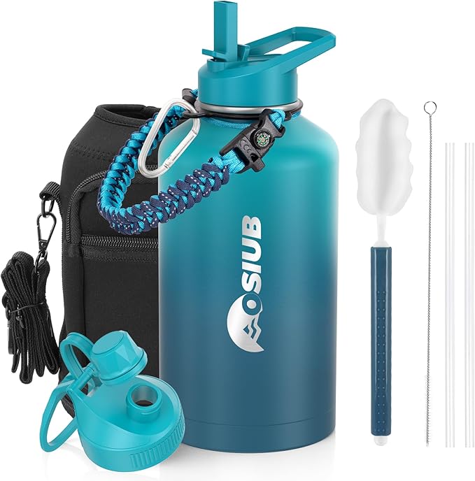 Insulated Water Bottle 64 oz, Triple Wall Vacuum Stainless Steel(Cold for 48 Hrs),Leak Proof & BPA-Free,Half Gallon Water Bottle with Reflective Paracord & Flip Straw for Sports & Travel, CyanBlue
