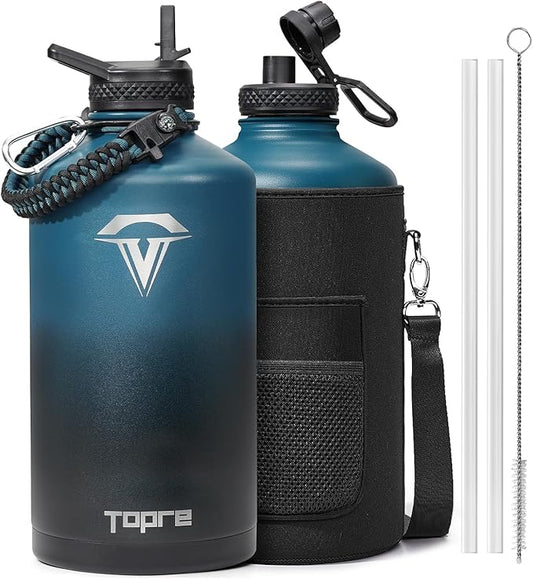 One Gallon Water Bottle,128oz Insulated Flask Stainless Steel Vacuum, Cold for 48 Hrs,BPA-Free & Leakproof -with Paracord Handle,Strap,Straw Spout Lids,Large Jug for Gym Sports,Indigo Black