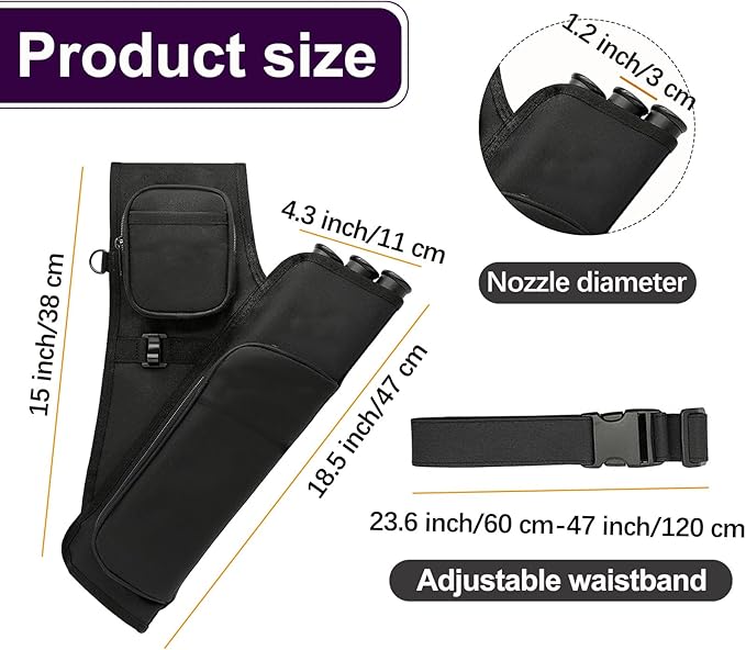 3-Tubes Hip Quiver Waist Hanged Archery Arrow Carry Bag with Pockets Adjustable Belt for Hunting, Target Practice, and Outdoor Shooting, Fits Both Youth and Adults