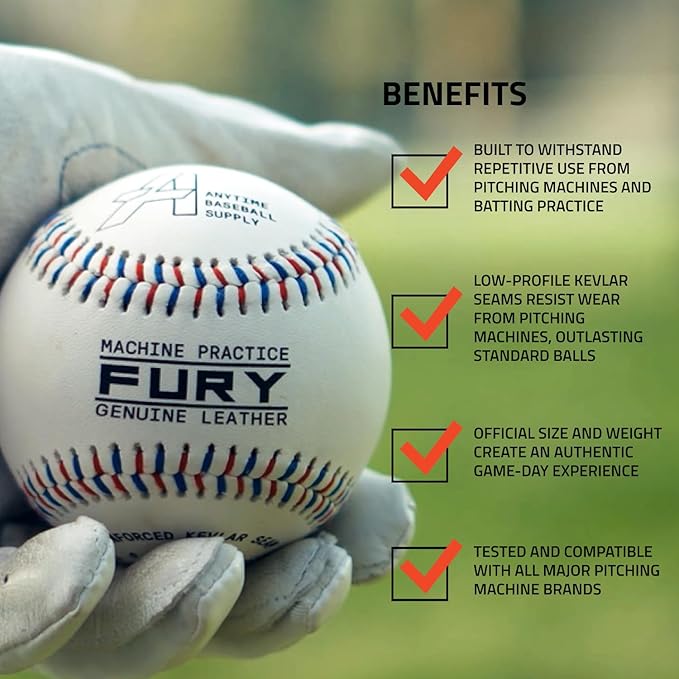 Anytime Baseball Fury Leather Pitching Machine Baseballs - 1 Dozen Flat Seam Pitching Machine Balls