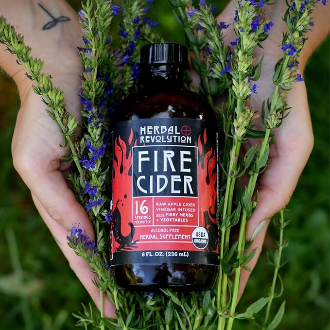 Herbal Revolution Fire Cider Apple Cider Vinegar - Certified Organic Non-GMO ACV Infused with Ginger, Horseradish, Hot Peppers, Honey, and More - Made Using Regenerative Farming Practices 16 Oz