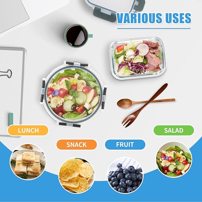 12 Pack Glass Food Storage Containers with Airtight Lids for Meal Prep, Leftover, BPA-Free, Leak-Proof, Freezer to Microwave Safe (12 Lids & 12 Containers)