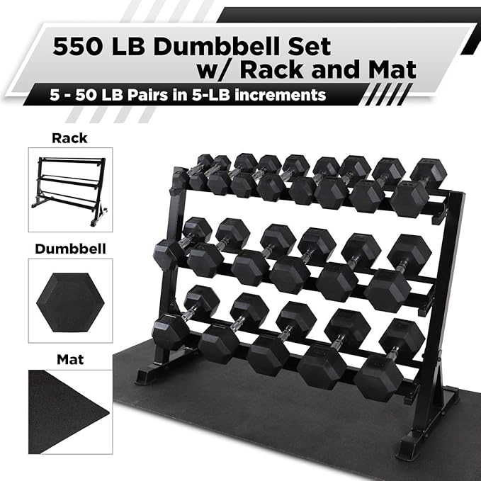 WF Athletic Supply Rubber Coated Hex Dumbbell Set, Multiple Choices Available - Dumbbells with Rack Stand and Mat, or Dumbbells Only (200/550/1200/2100/3000 LB)