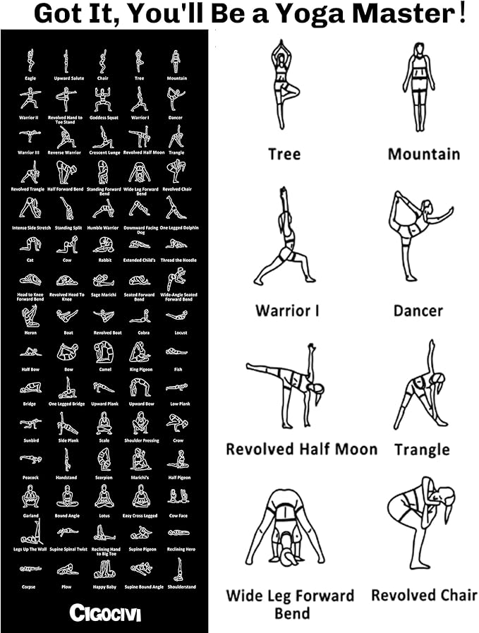 Instructional Travel Yoga Mat with 75 Poses & Exercises - Non-slip Exercise Mat for Home Workout, Includes Carrying Bag - Perfect for Beginners, 68"x24"x0.25"