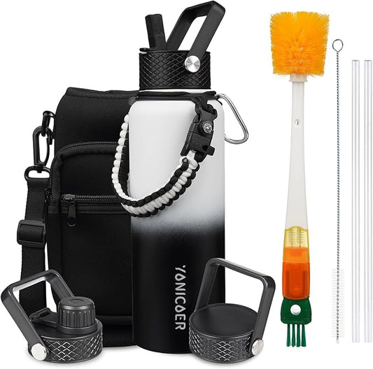 Insulated Water Bottle 64oz,Triple Wall Vacuum Stainless Steel(Dishwasher Safe),Leak Proof & Non-BPA,Flask Jug with Paracord Handle & Straw Spout Lids Sports