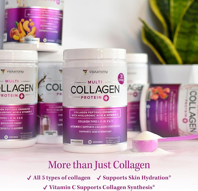 Multi Collagen Peptides Powder for Women - Hydrolyzed Chocolate Collagen Powder for Women with Types I II III V & X Vitamin C & Hyaluronic Acid for Hair Skin and Nails (Chocolate) - 30 Servings