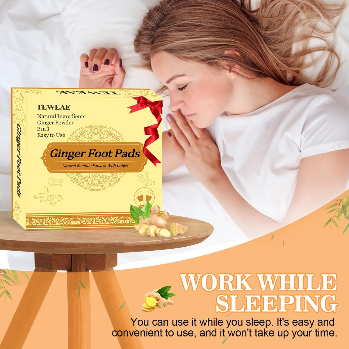2 in 1 Foot Pads, 30 Pads Tear and Use Pure Ginger Bamboo Wormwood Foot Pads, Bigger Adhesive ''Stay in Place'' Goodnight Pads