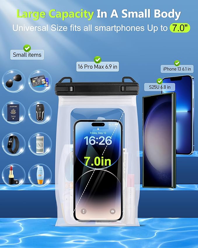 IPX8 Waterproof Phone Pouch Floating, [Expandable Space] Waterproof Bag, Cell Phone Dry Bag with Adjustable Lanyard for iPhone Samsung Google Up to 7.0" White