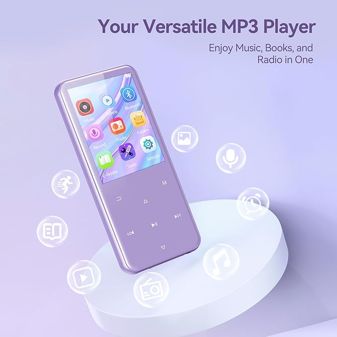 AGPTEK 64GB MP3 Player with Bluetooth, M3 2.4 inch Music Player with Speaker and FM Radio, Touch Buttons, Supports Up to 128GB(Purple)
