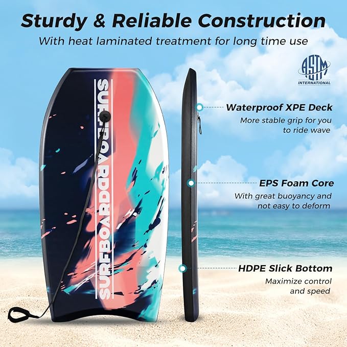 KOTEK 33/37/41 Inch Body Board with Wrist Leash, EPS Core, Dual Channel, HDPE Slick Bottom, Bodyboard for All Skill Levels & Wave Conditions