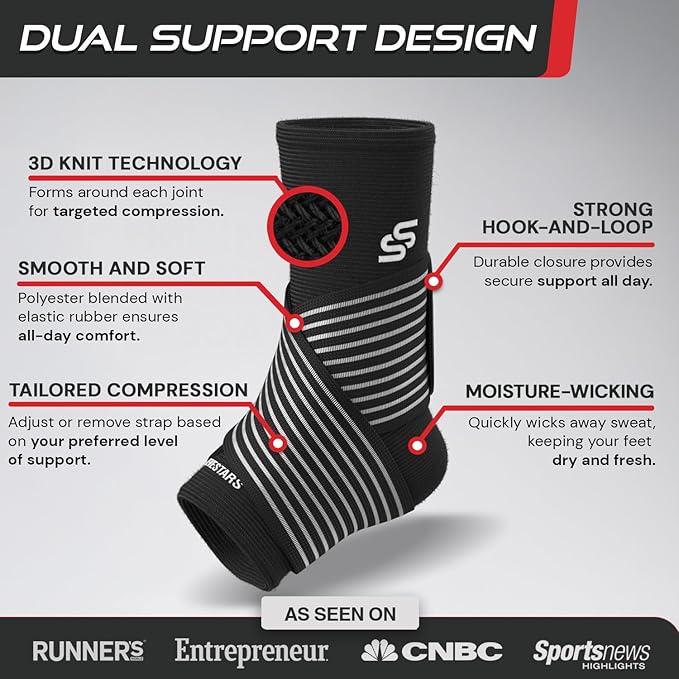 Sleeve Stars Ankle Brace for Women & Men, Ankle Wrap for Sprained Ankle, Compression Sleeve for Plantar Fasciitis Relief, Easy Customizable Support: w/Removable Strap (Single/L:12"-13"/Black)