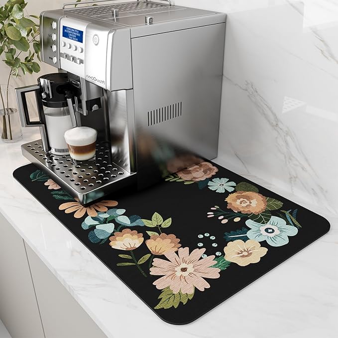 AMOAMI Coffee Mat Hide Stain Rubber Backed Absorbent Dish Drying Mat for Kitchen Counter - Bar Accessories Fit Under Coffee Maker, Espresso Machine, Dish Rack - Floral Black 16x24