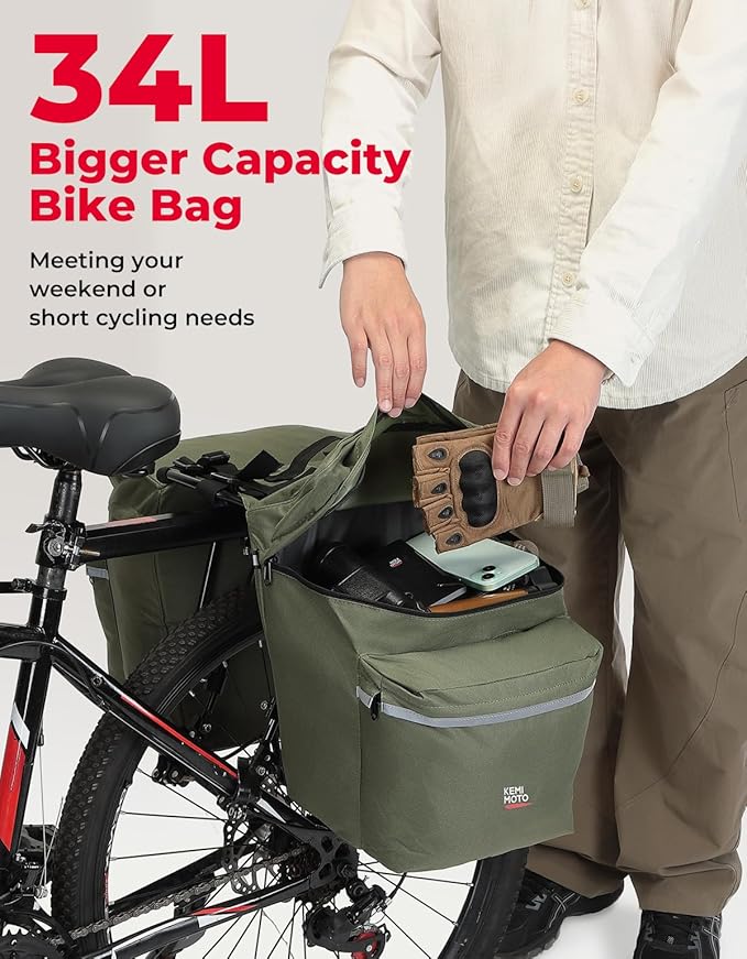 KEMIMOTO Bike Bag Panniers with Rain Cover, 34L Waterproof Bicycle Saddle Bag for Rear Rack Mountain Biking Bags Storage, Ebike Accessories for Commuter Grocery Shopping Travel Carrier, Green