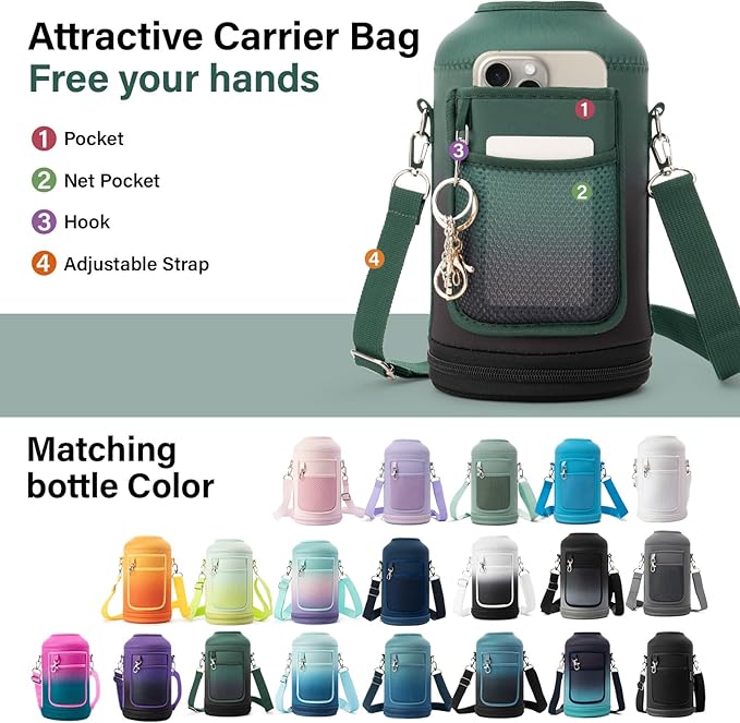 Insulated Water Bottle | Thickened Stainless Steel Vacuum Metal | Portable Sports Half Gallon Large Water Jug for Gym and Hiking with Straw, Carrier Bag, Handle Strap | BPA-Free 64 oz