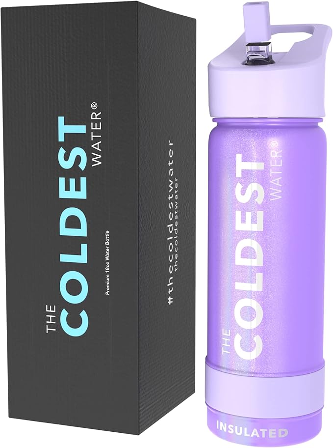 Coldest Insulated Water Bottle with Straw Lid - Stainless Steel Metal Insulated Bottle for Men & Women (Saturn's Moon Purple Glitter, 18 oz)
