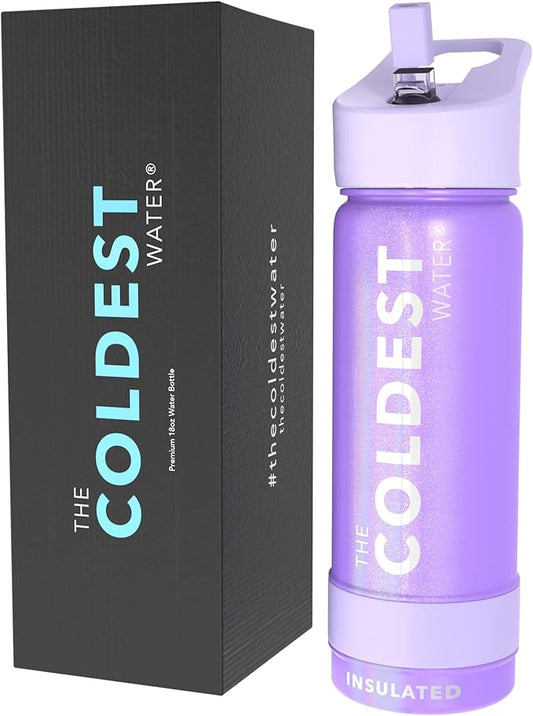 Coldest Insulated Water Bottle with Straw Lid - Stainless Steel Metal Insulated Bottle for Men & Women (Saturn's Moon Purple Glitter, 18 oz)