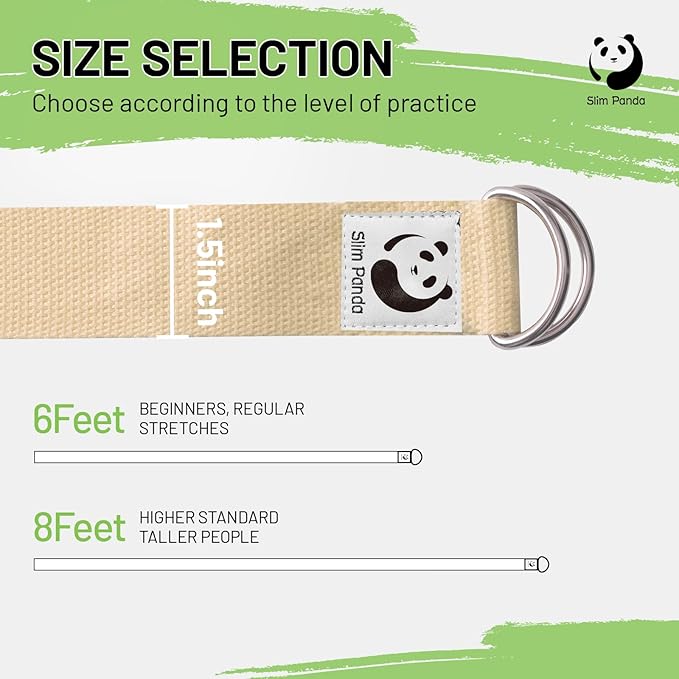 Slim Panda Yoga Strap for Stretching,Cotton Yoga Strap with Adjustable D-Ring Buckle,Non-Elastic Yoga Belt for Pilates,Gym Workouts,Physical Therapy,Improve Flexibility